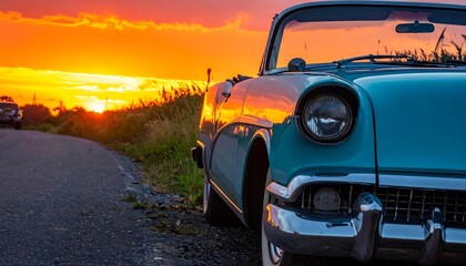 Fototapeta premium A vintage turquoise convertible parked on a road with a vibrant sunset. Evokes nostalgia, freedom, and classic style. Perfect for travel, automotive, or retro themes.