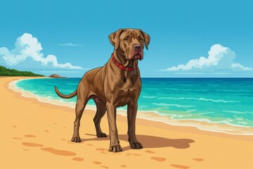 Cane corso dogs standing on sunny beach, serious expression, red collar, clear blue sky, turquoise ocean waves, small island, sandy beach. Concept of cane corso, playful, whimsical feel.
