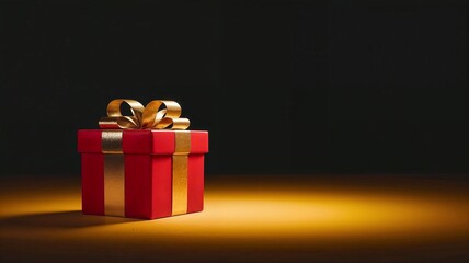 Red gift box with gold satin bow on dark background, illuminated in a circle of light