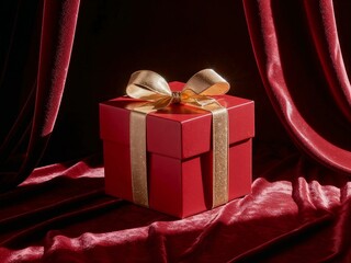 Red gift box with gold satin bow against burgundy velvet drapery backdrop, luxurious holiday presentation