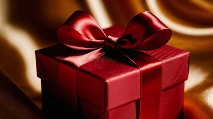 Close-up of a red gift box with satin bow, festive and luxurious look, soft shadows, studio lighting