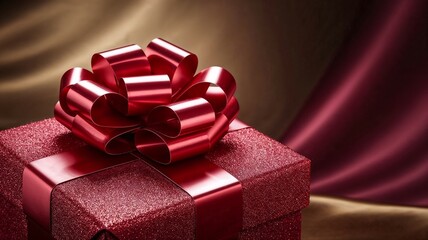 Close-up of red gift box with luxurious red satin bow, festive and elegant presentation