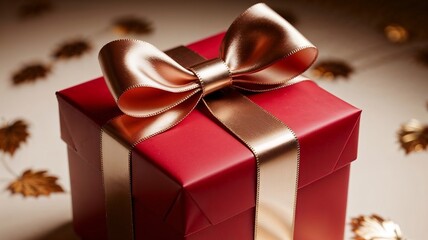 Close-up of a red gift box with satin bow, festive and luxurious look, soft shadows, studio lighting