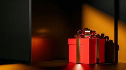 Red gift box with a ribbon on a wooden surface, warm lighting, cozy atmosphere, focus on the box