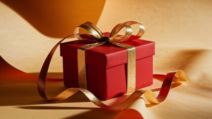 Close-up of a red gift box with satin bow, festive and luxurious look, soft shadows, studio lighting