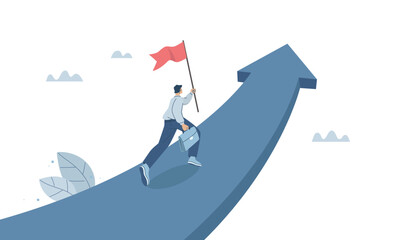 Businessman holding flag running towards highest growth goal, Goal setting leads to success in career or organization, Working towards target, Flat design vector illustration.