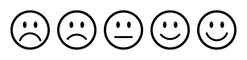 feedback scale with five emoticons from sad to happy. Perfect for surveys, reviews, customer satisfaction, UX evaluation. Flat vector design on white background. Feedback, emoji, icons.