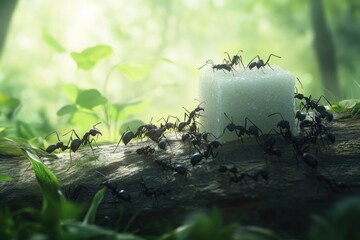 A colony of black ants cooperatively transports a large sugar cube in a lush forest setting.