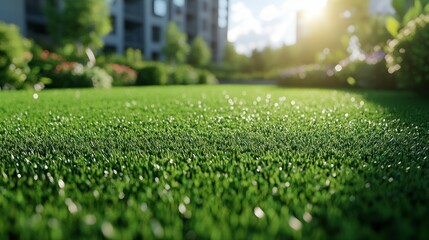 Naklejka premium Green lawn close-up with buildings and greenery background