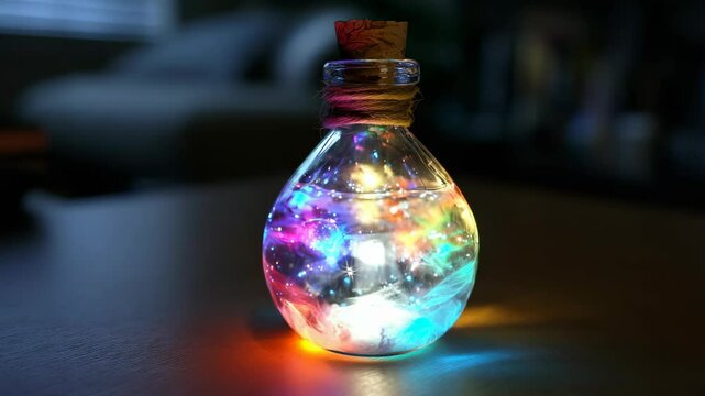 Glass potion bottle with colorful swirling contents and a cork, resting on a wooden surface with dark background illuminated by colorful lights