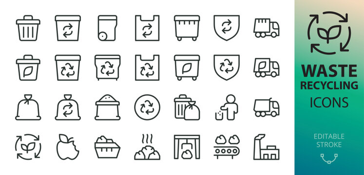 Waste recycling line icons set. Set of trash bin, garbage container and truck, waste processing plant, dumpster vector icon with editable stroke