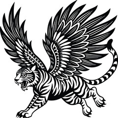Fantasy Winged Tiger Illustration – Mythical Flying Beast Tattoo Design