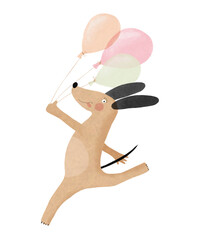 Birthday Vector Card with Happy Dog And Air Balloons. Funny Dog ​​Holding Bunch of Balloons. Lovely Hand Drawn Nursery Art with Sweet Puppy. 