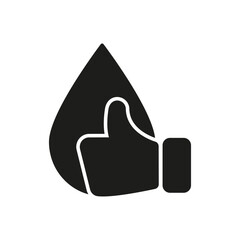 Thumb Up With Water Drop Solid Icon. Water Quality Approval, Hydration, And Sustainability Silhouette Symbol. Environmental Health Promotion. Isolated Vector Illustration