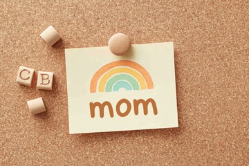 Child's Heartfelt Drawing of a Rainbow and Mom Displayed on a Corkboard