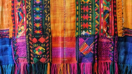 Vibrant textile patchwork with intricate embroidery