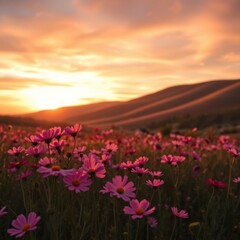 Fototapeta premium Vibrant pink cosmos flowers bloom in a field at sunset, with rolling hills in the background.