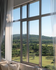 Serene Vista Through Modern Window: A Tranquil Escape to Nature's Embrace and Peaceful Scenery