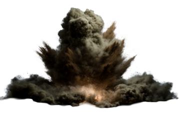 A large explosion generates a massive cloud of dark smoke and debris