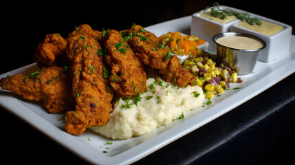 Fototapeta premium Crispy Southern Fried Chicken Tenderloins Served with Mashed Potatoes and Seasonal Vegetables