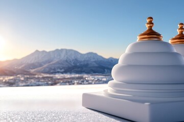 Elegant white orbs with gold accents rest on a snowy surface, overlooking a snow-capped mountain range at sunrise