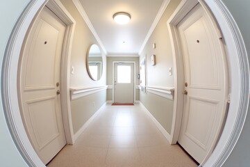 View of a Dark Hallway Through a Door Peephole at an Apartment Building During Late Evening Hours