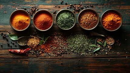 Assorted spices in bowls and spoons on rustic wood.