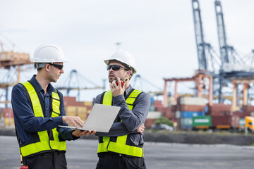 Two port workers in safety vests and helmets coordinate operations using radios and a tablet at a...