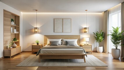 Soothing white walls and calming wooden furniture create a serene atmosphere in this minimalist marital bedroom with a soft focus on warm lighting , white walls, serene atmosphere