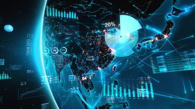 Animation of Earth Rotating with Financial Charts and Figures. Asia From Space Abstract Futuristic Business and Technology Concept, Artificial intelligence, IOT, AR.