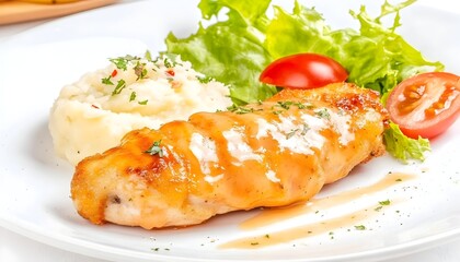 Grilled chicken breast, creamy sauce, mashed potatoes, and fresh salad