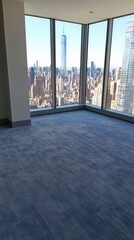 Interior view from high rise apartment overlooking New York City skyline with Freedom Tower and blue carpet in foreground