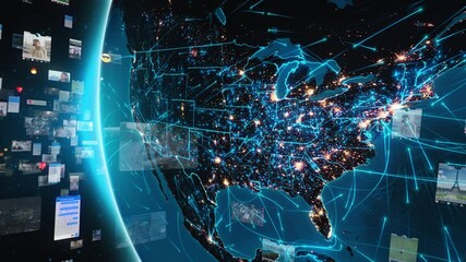 Futuristic Business Technology Concept, Artificial intelligence, IOT, AR.  Earth Globe Hologram Spinning North American Map City Lights, Social Networking Interfaces, Streaming Videos, Emoji. US. - Powered by Adobe