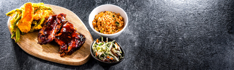 Chicken thighs in tamarind sauce with tom yum wok fried rice