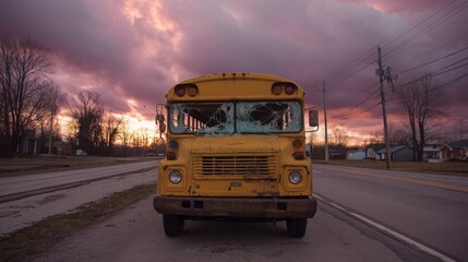 Obraz premium A collision has left a school bus severely damaged and stranded in an open field, with shards of broken glass and debris littered around, resulting in a gloomy setting on a grey day