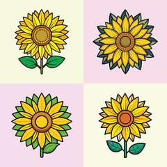 Four Different Styles of Sunflower Illustrations with Vibrant Colors and Detailed Petals
