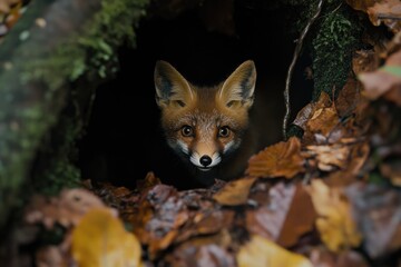 Naklejka premium A curious red fox kit peeks from its den, nestled amongst autumn leaves in a dark forest.