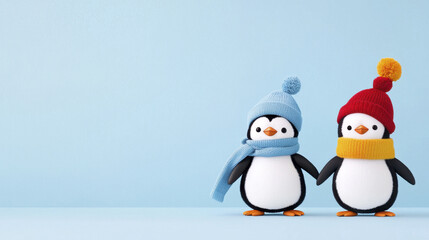 Obraz premium Fashionable cartoon penguins in winter hats and scarves, cheerful and cute