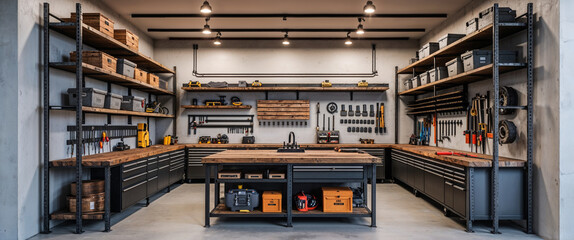 Professional workshop interior design with organized tools and workbench in industrial style
