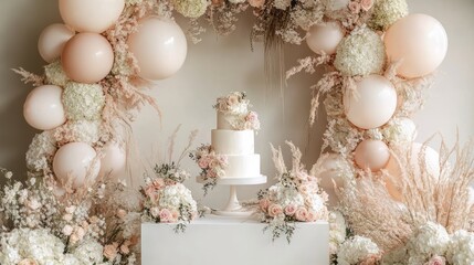 Elegant cake display with pastel decorations.  Soft, delicate aesthetic with balloons, flowers, and a tiered cake