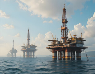 Obraz premium Offshore Platforms in Open Sea Under Cloudy Sky