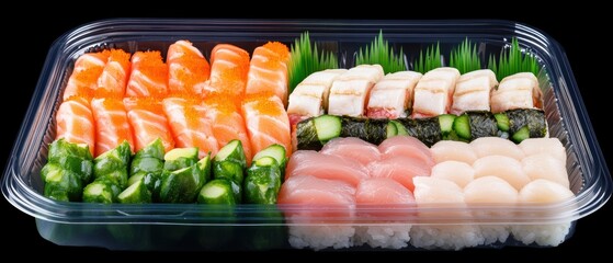 Assorted Sushi Platter Close Up Still Life in Plastic Container with Salmon Tuna Scallop Cucumber Rolls and Tobiko Roe on Black Background