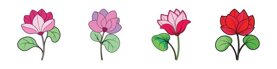 Four colorful stylized flowers with green leaves on a white background