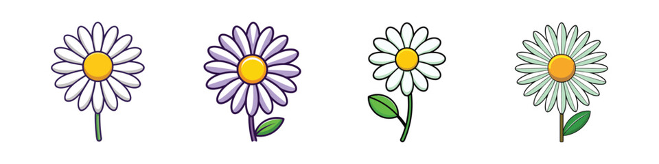 Collection of Four Different Cartoon Daisy Flowers with Variations in Color and Style