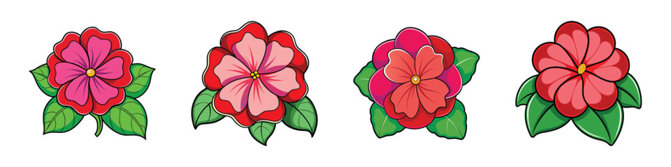 Four vibrant cartoon style flowers, each with distinct color palettes, against white
