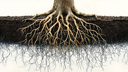 Extensive tree roots spread through dark soil, reaching into lighter subsoil