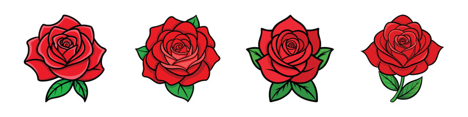 Four beautiful cartoon red roses with green leaves against white background