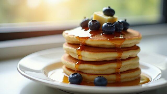 Stack of pancakes with blueberries and syrup breakfast delight