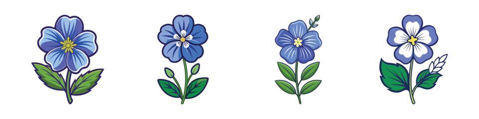Cartoon illustration of four vibrant blue and white flax flowers with leaves