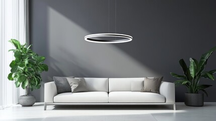 Modern minimalist living room with white sofa and pendant light